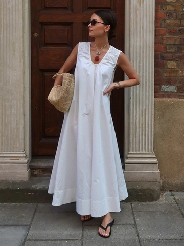Abito Maxi Senza Maniche In Puro Cotone Scollo A U Arricciato Linea A Ampio Casual Estate Resort Lungo Tinta Unita Donna