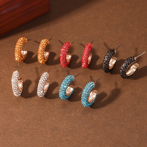 Alloy Rhinestone C-Shape Hoop Earrings Geometric Colorful Trendy Ins Style Jewelry For Women Daily Wear Accessories