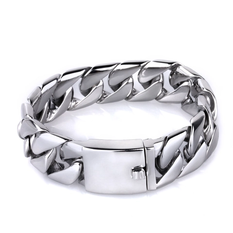 Pulsera De Cadena Cubana Para Hombre Acero Inoxidable Ancha Pesada Hip Hop Joyería Pulida Mate Eslabón Plano Cierre Cuadrado