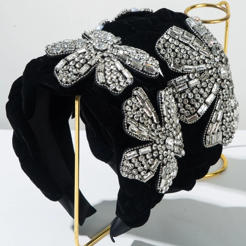 Cerchietto Imbottito in Velluto Nero Lussuoso Con Fiocco Floreale in Cristallo Strass Cerchietto Barocco Retrò per Donna Gioielli