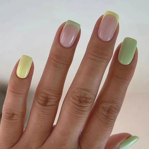French Style Press On Nails Contrast Colors Yellow Green Pink Glossy Square Round False Nails For Women Daily Manicure