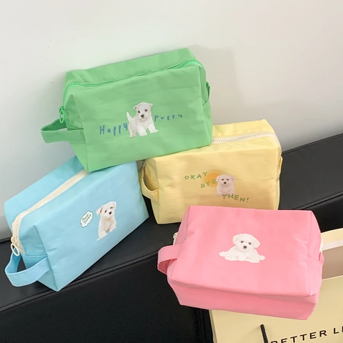 Schattige Puppy Print Make-Up Tas Oxford Doek Draagbare Rits Toilettas Voor Reizen Dagelijks Gebruik Kawaii Pastel Tasje