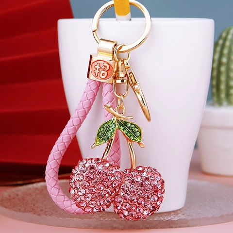 Simulation Fruit Cherry Alloy Rhinestone Keychain Cute Bag Pendant Metal Key Ring Wealth Decoration For Women Birthday Gift