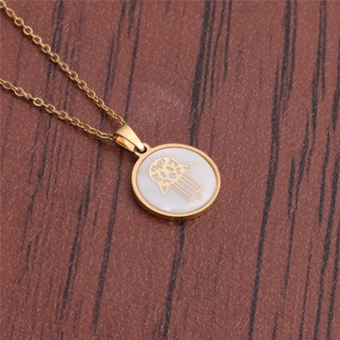 Hamsa Hand Pendant Necklace Stainless Steel Mother Of Artificial Pearl Inlay Zircon Religious Hand Of Fatima Protective Amulet Jewelry
