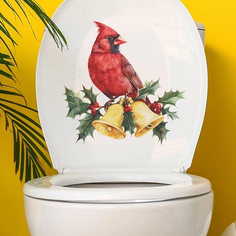 Autocollant Mural Oiseau Cardinal De Noël Cloches Dorées PVC Imperméable Décalcomanie Amovible Pour Couvercle De Toilettes