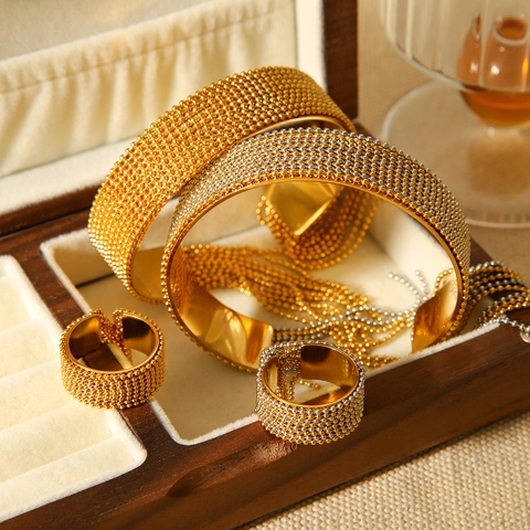 Edelstahl Quaste Perlen Armband Und Ring Gold Silber Zweifarbig Offene Manschette Schmuck Luxus Ins Stil Für Frauen