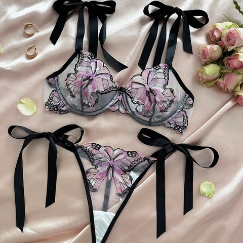 Lingerie Broderie Papillon En Maille Soutien-Gorge Et String Sexy Transparent Nœud Ruban Femmes