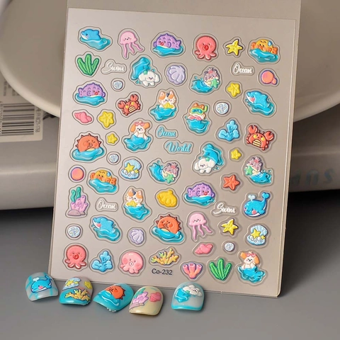 5D Geprägte Nagelkunst Aufkleber Ozean Meerestiere Cartoon Delfin Quallen Wasserdicht Selbstklebend Maniküre Dekore
