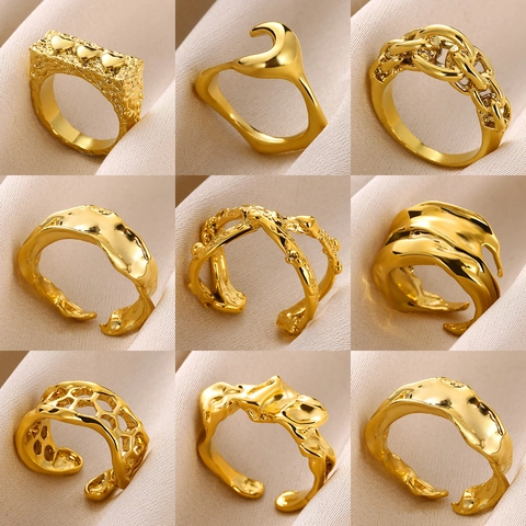 Irregular Lava Stainless Steel Rings Heart Hollow Wings Gold Plated Open Adjustable Band For Women Fashion Jewelry