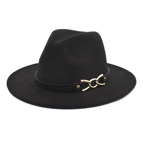 Fedora Hat Wide Brim Woolen Felt Jazz Cap With Decorative Belt Interlocking Golden Metal Buckle Elegant Unisex Fashion