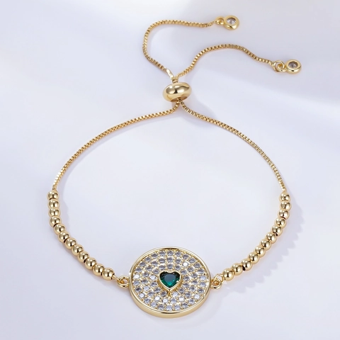 Adjustable Bracelet Copper 18K Gold Plated Heart Green Gemstone Cubic Zirconia Pave Trendy Fashion Jewelry For Women