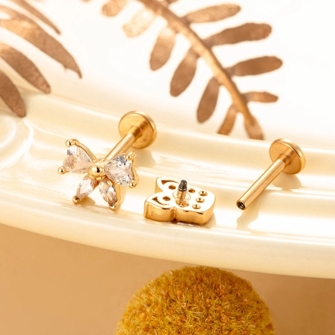 Zirconia Labret Piercing Jewelry Stainless Steel Pole Copper Top Heart Butterfly Shape Cartilage Stud Earring Women