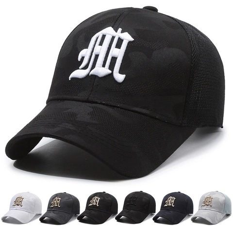 Unisex Baseball Cap Camouflage Mesh Trucker Hat Gothic Letter Embroidery Breathable Sunshade Adjustable Cotton Polyester