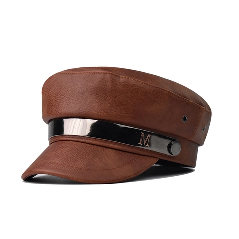 Women PU Leather Newsboy Cap Flat Top Military Fiddler Hat Vintage Solid Color Metal Band Autumn Winter Outdoor
