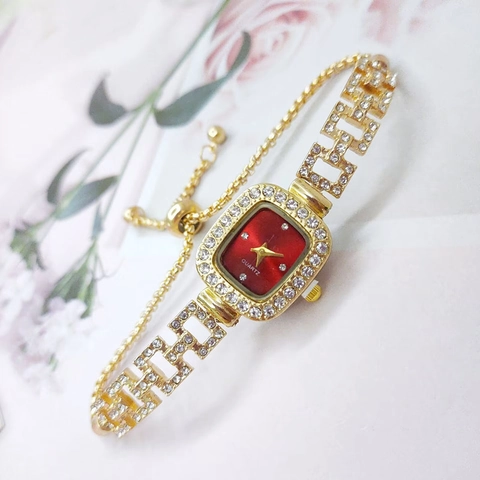 Women Bracelet Quartz Watch Square Dial Diamond Encrusted Elegant Fashion Adjustable Slider Buckle Alloy For Ladies