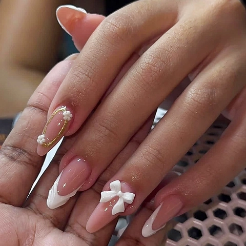 French Style Press On Nails Almond Shape Pink Gradient With Raised White Bow And Flower Rhinestone For Women Elegant False Nails