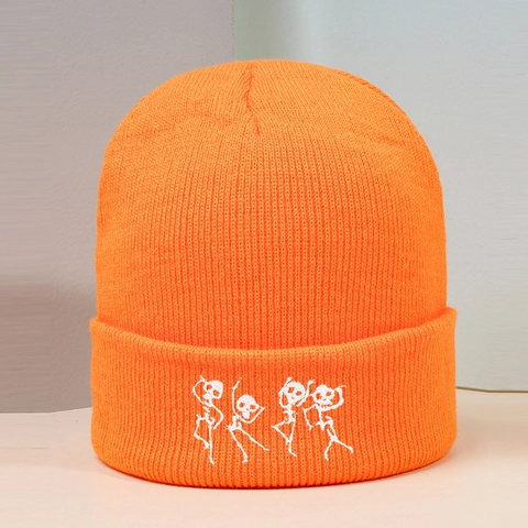 Tanzendes Skelett Stickerei Beanie Acryl Strickmütze Winter Warm Aufschlag Totenkopf Kappe Für Herren Damen Casual Streetwear