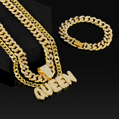 Cuban Link Halskette Armband Und Queen Anhänger Legierung Straß Iced Out Hip Hop Schmuck Unisex