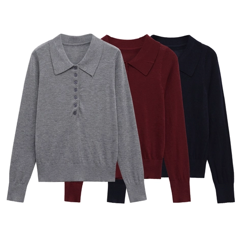 Maglione Polo In Maglia A Maniche Lunghe Da Donna Tinta Unita Patta Con Bottoni Polsini A Costine Elegante Maglieria