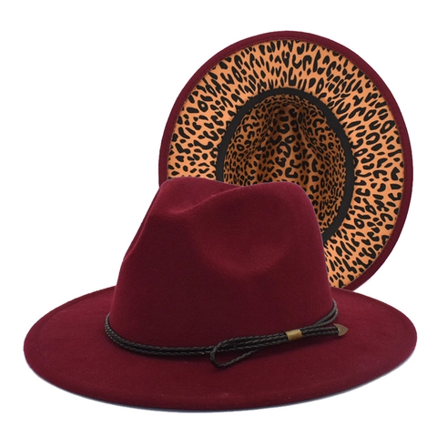 Woolen Fedora Hat Leopard Print Under Brim Wide Flat Brim Two Tone Jazz Hat With Braided Band For Men Women