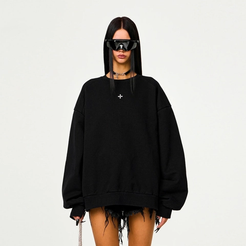 Women Cotton Sweatshirt Crew Neck Long Sleeve Oversized Streetwear Cross Print Side Zipper Loose Fit Top