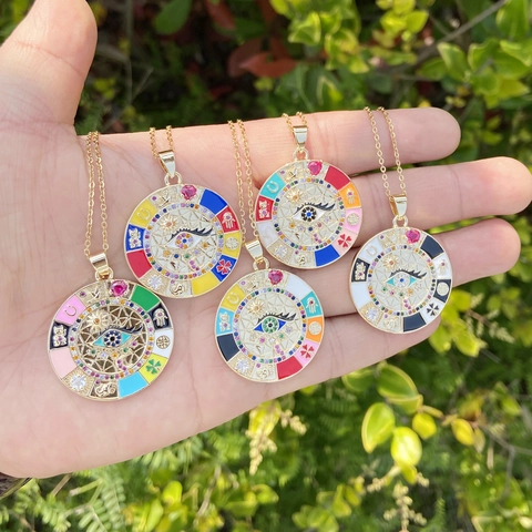 Boze Oog Hanger Ketting Rond Koper Roestvrij Staal Kleurrijk Emaille Gelukssymbolen Zirkoon Sieraden