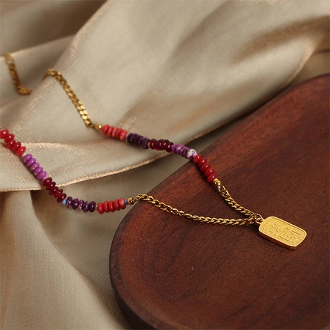 Prosperity Fortune Chinese Character Pendant Necklace Titanium Steel Colorful Natural Stone Agate Beads Splicing Retro Chic Clavicle Chain