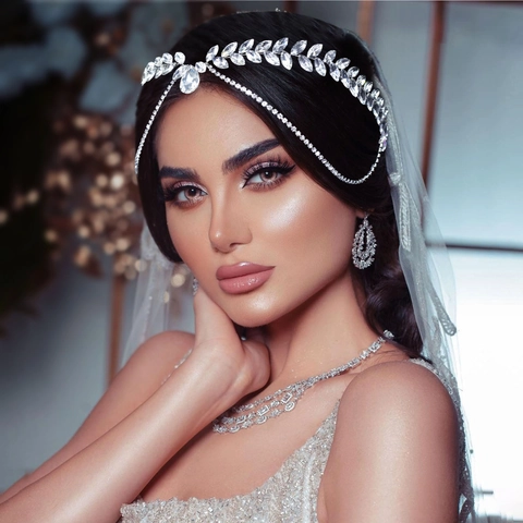 Braut Stirnkette Strass Kristall Blatt Haar Rebe Handgefertigter Hochzeit Kopfschmuck Wassertropfen Anhänger Für Damen Silber