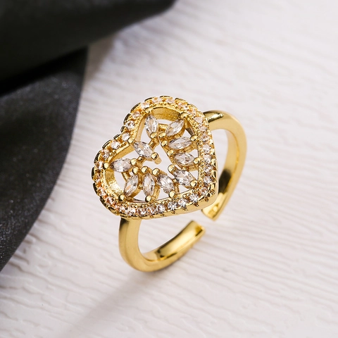 Geometrischer Herz Quadratischer Zirkonia Offener Verstellbarer Kupferring Vergoldet Minimalistischer Modeschmuck Damen