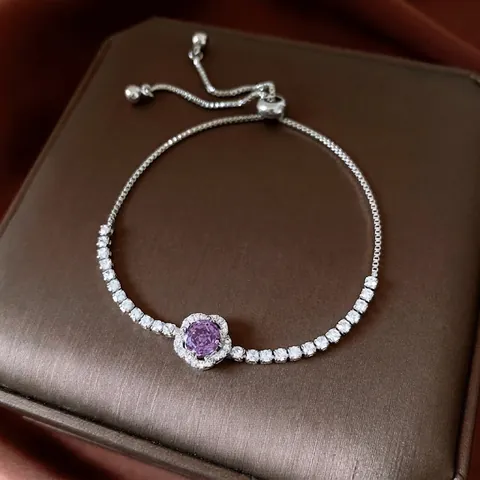 Purple Round Cubic Zirconia Adjustable Bolo Bracelet Copper White Rhinestone Halo Light Luxury Fashion Hand Jewelry