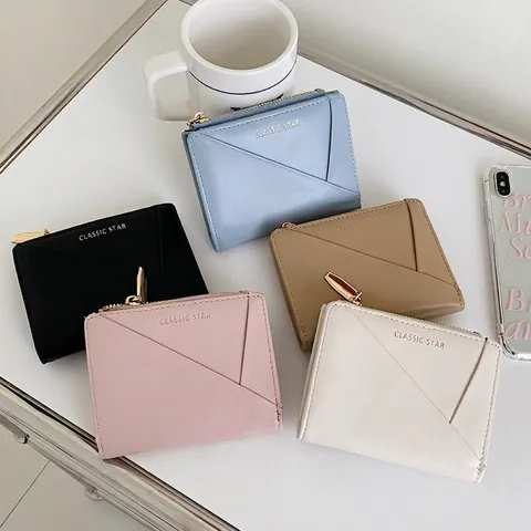 Portafoglio Corto Da Donna Pelle PU Tasca Con Cerniera Slot Per Carte Finestra ID Cuciture Geometriche Minimalista