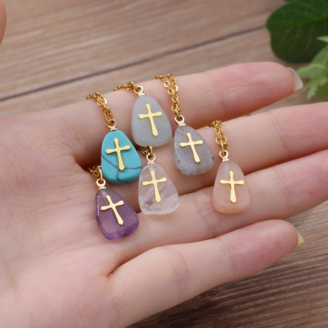 Collier Pendentif Croix en Pierre Naturelle en Acier Inoxydable pour Femmes Chaîne Goutte d'Eau Plaqué Or Bijoux de Mode
