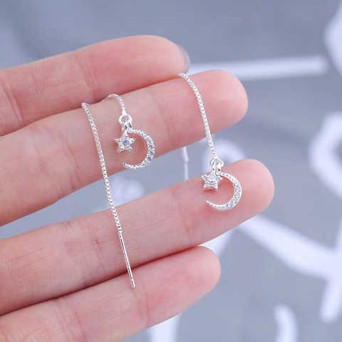 925 Sterling Silver Star Moon Threader Earrings For Women Long Tassel Rhinestone Inlaid Elegant Drop Earrings Fashion Jewelry