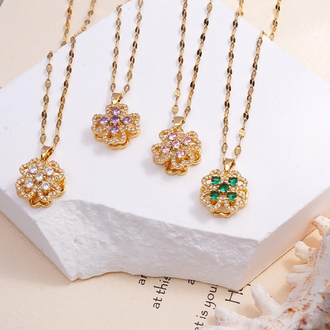 Rotating Flower Four Leaf Clover Pendant Necklace For Women Copper Alloy Stainless Steel Rhinestone Inlaid Elegant Fashion Jewelry Gift