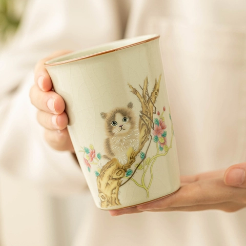 Tazza Da Tè In Ceramica Smalto Craquelé Ru Kiln Simpatico Gatto Magnolia Floreale Dipinto A Mano Stile Cinese Tradizionale
