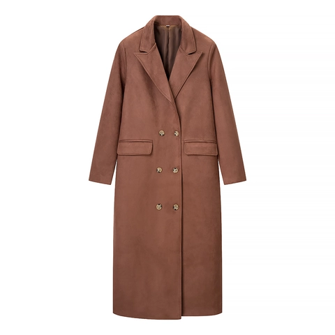 Damen Langer Grabenmantel Aus Wildlederimitat Zweireiher Locker Mode Lässig Elegant Oberbekleidung Jacke Mit Taschen