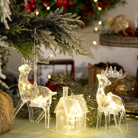 Christmas Hanging Ornaments Transparent Acrylic LED Light Up Reindeer House Shapes Festive Holiday Tree Decoration Warm White