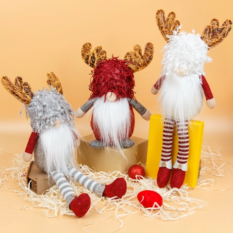 Christmas Reindeer Antler Gnome Faceless Plush Doll Long Legs Handmade Swedish Tomte Dwarf Ornament Knitted Fabric Holiday Decor