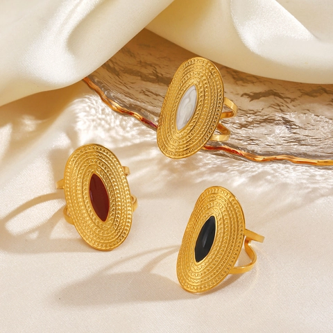 Vintage Geometrischer Ovaler Ring Edelstahl Vergoldet Emaille Tropföl Verstellbarer Offener Ring Für Damen Mode