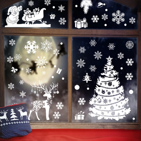 Pegatinas Ventana Navidad Blanco PVC Estático Reno Papá Noel Copo Nieve Calcomanías Para Vidrio Vacaciones Decoración Hogar