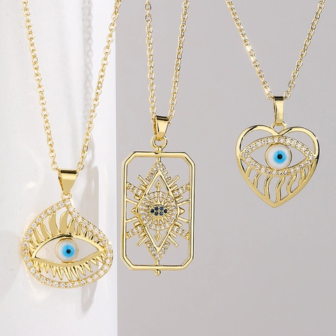 Μενταγιόν Κολιέ Evil Eye Για Γυναίκες Χάλκινο Επιχρυσωμένο 18K Κοίλο Καρδιά Δάκρυ Γεωμετρικό Ζιργκόν Σμάλτο Κόσμημα