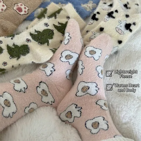 Chaussettes Mi-Mollet Épaisses Velours Corail Hiver Chaudes Douces Motif Dessin Animé Maison Sommeil Pour Femmes Style Sucré