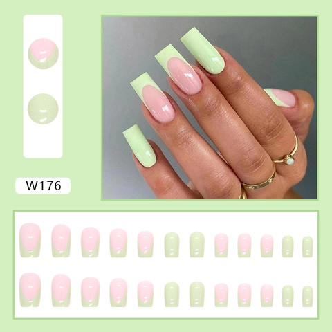 Press On Nails Coffin Long Light Green French Tip Glossy Artificial Fake Fingernails For Women Manicure