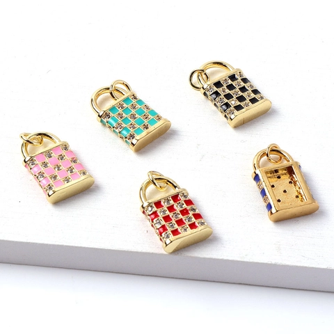 Mini Ciondoli A Lucchetto Per La Creazione Di Gioielli Rame Placcato Oro Reale Zirconia Cubica Smalto A Scacchiera Ciondoli Per Accessori Collana Braccialetto DIY