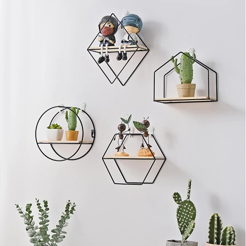Wall Mounted Floating Shelf Nordic Geometric Iron Wood Storage Rack Decorative Display Organizer For Home Decor