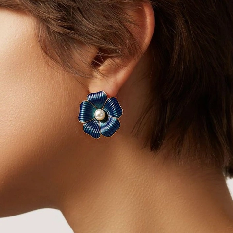 Boucles D'oreilles Fleurs Vintage Acier Inoxydable Émail Studs Floraux Avec Fausse Künstliche Perle Bijoux Style Français Élégant