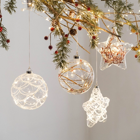 Glowing Glass Christmas Ball Star Ornaments LED Hanging Light Micro Landscape Reindeer Tree Window Holiday Festive Decor