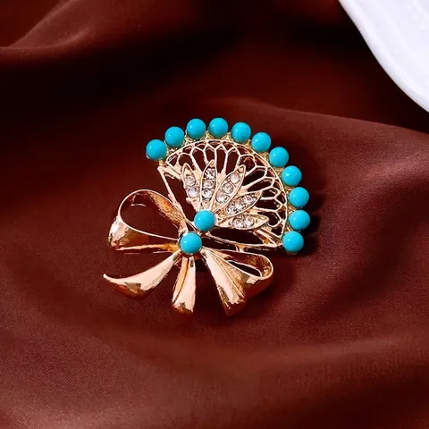 Vintage Waaiervormige Strik Broche Legering Strass Turkoois Kraal Retro Luxe Speld Voor Dames