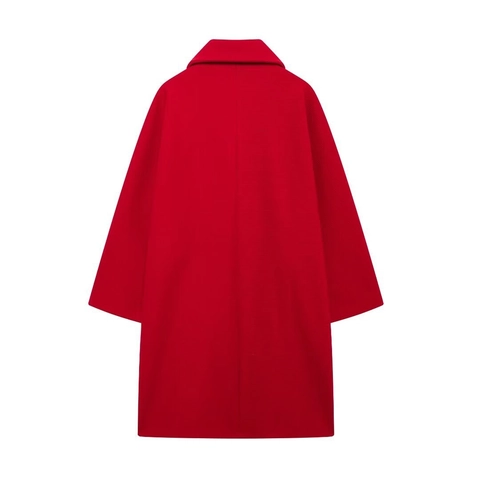 Dames Jas Met Wollook Halflang Losse Revers Enkele Rij Knopen Rood Warm Herfst Winter