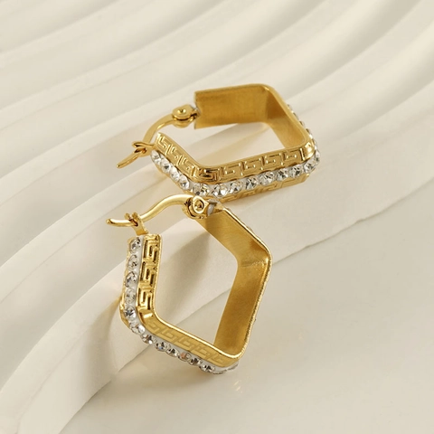 Square Hoop Earrings 18K Gold Plated Stainless Steel Greek Key Pattern Cubic Zirconia Geometric Jewelry For Women Elegant
